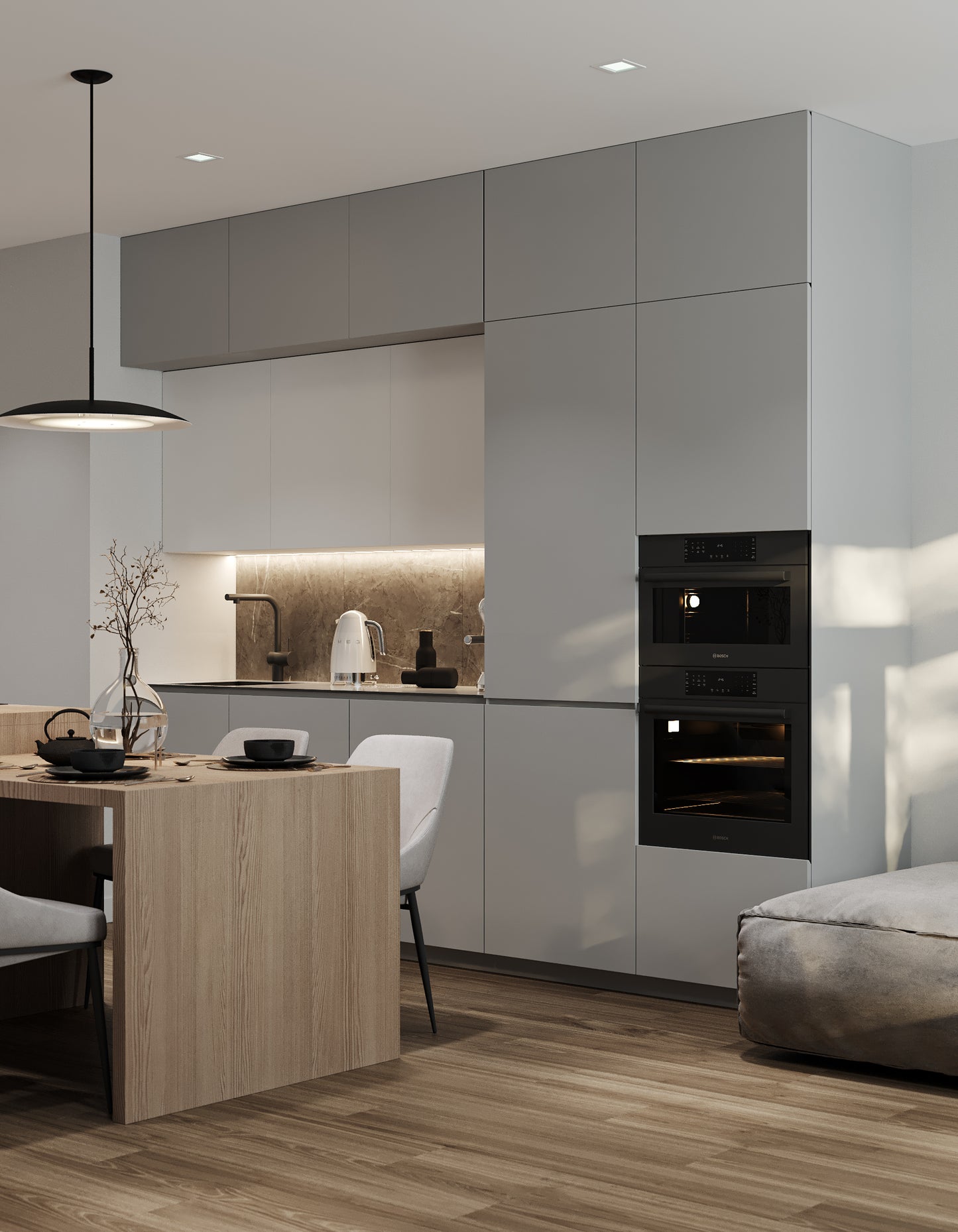Sleek Grey Sophistication: Modern Kitchen with Top-Quality Painted Fronts and Natural Wood Elements