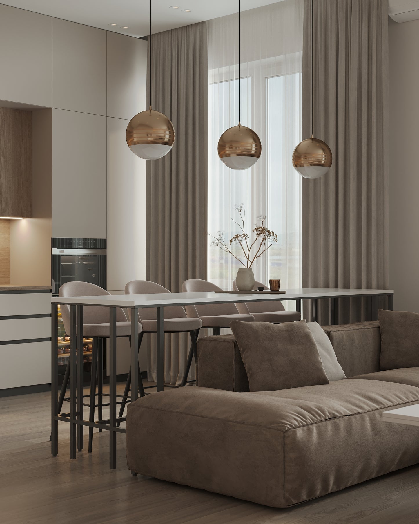 Ivory Elegance: A Harmony of Natural Wood Veneer and Painted Fronts in This Kitchen Design