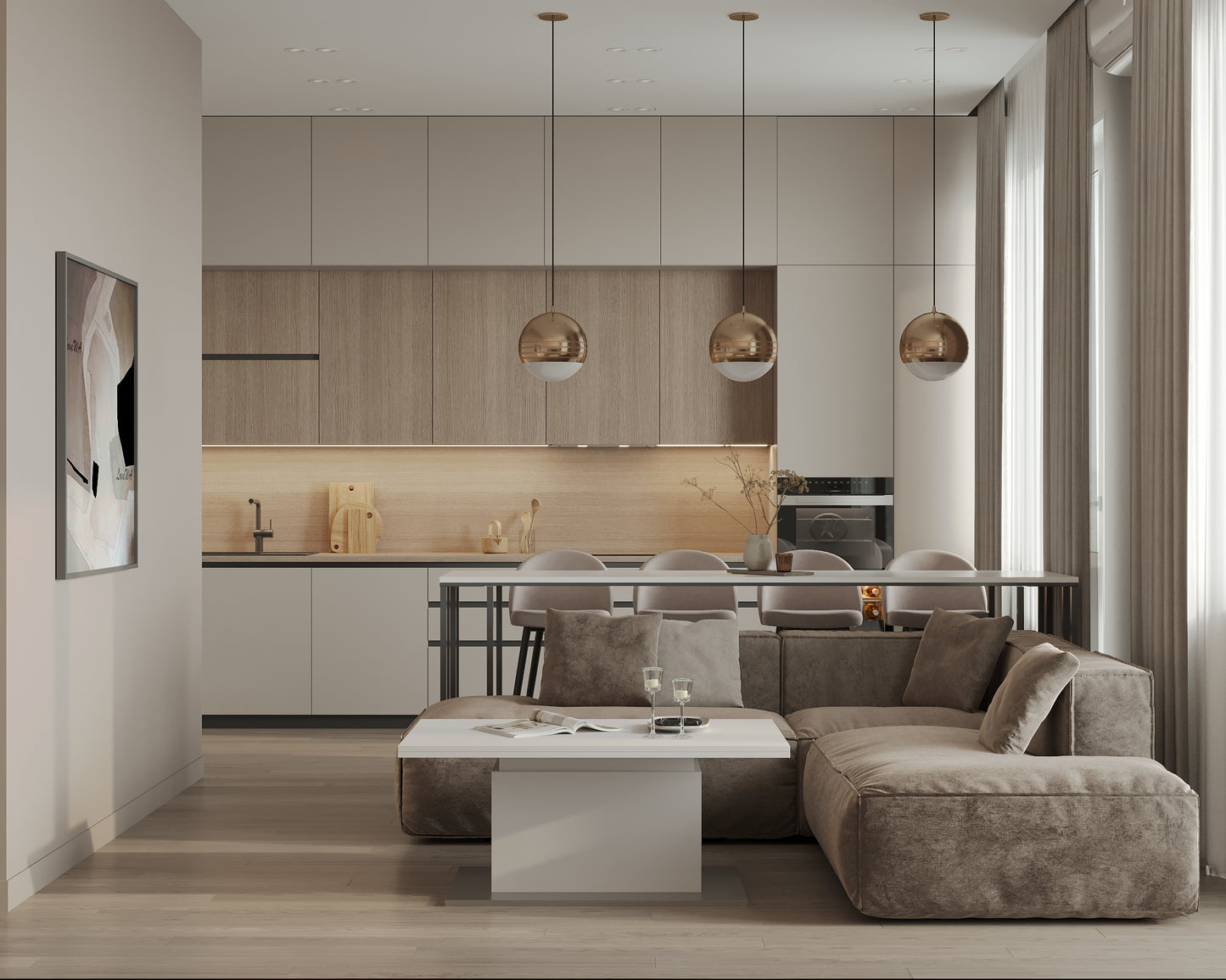 Ivory Elegance: A Harmony of Natural Wood Veneer and Painted Fronts in This Kitchen Design