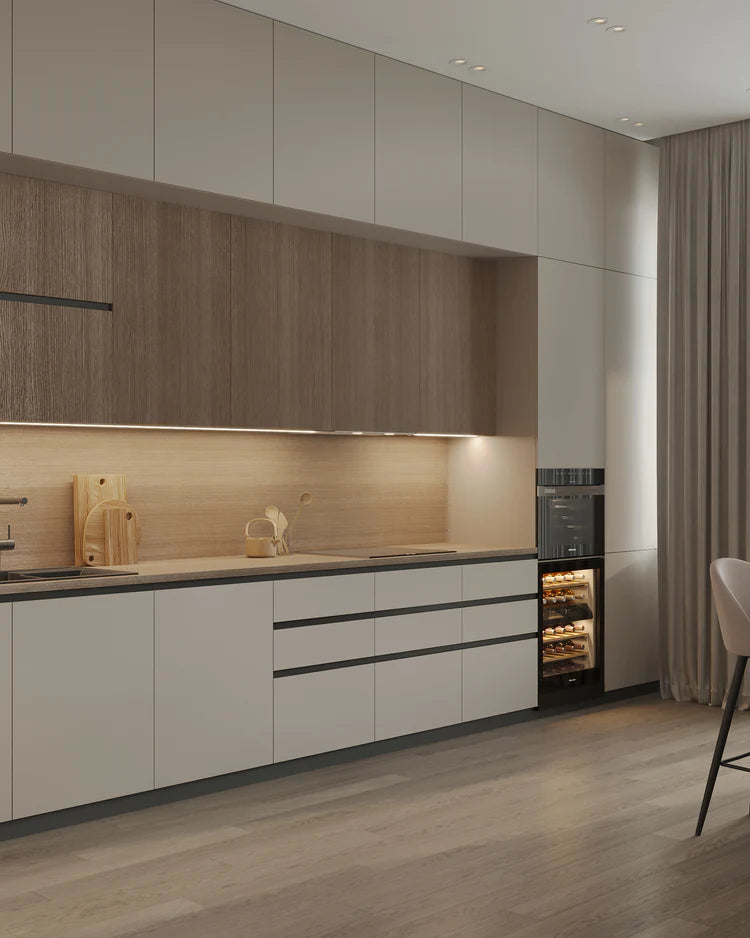 Ivory Elegance: A Harmony of Natural Wood Veneer and Painted Fronts in This Kitchen Design